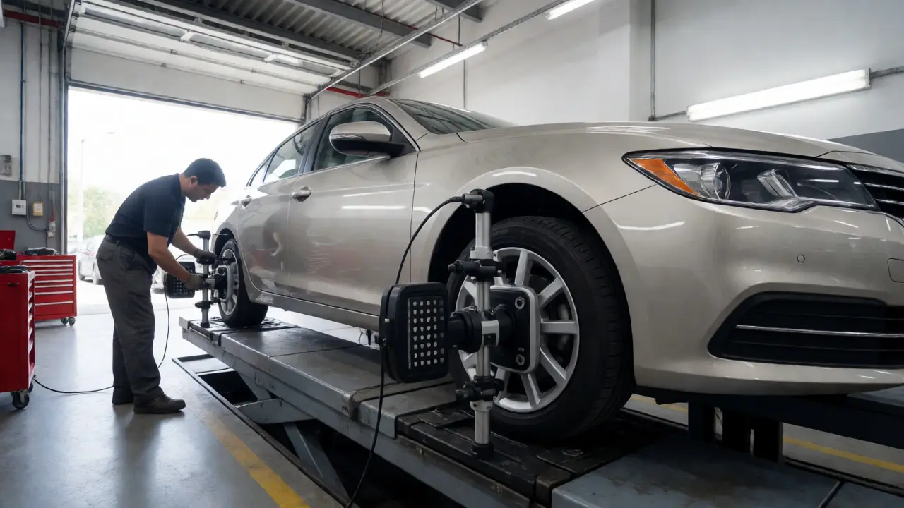 Mechanic adjusting suspension components during a professional four-wheel alignment service.