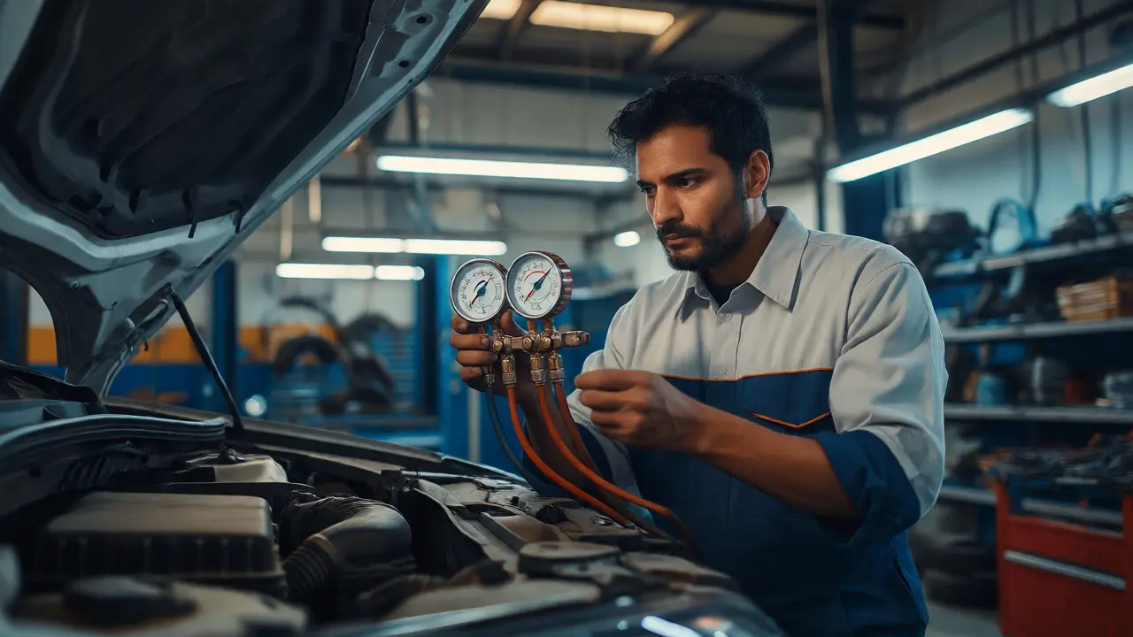 Mechanic checking pressure gauges on car AC system in professional garage