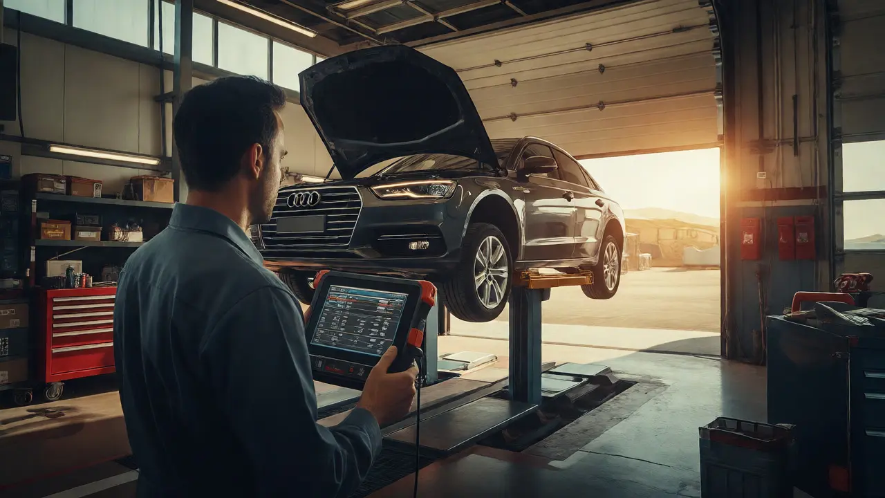Mechanic diagnosing a lifted TDI diesel car with advanced tools in a clean specialist garage.