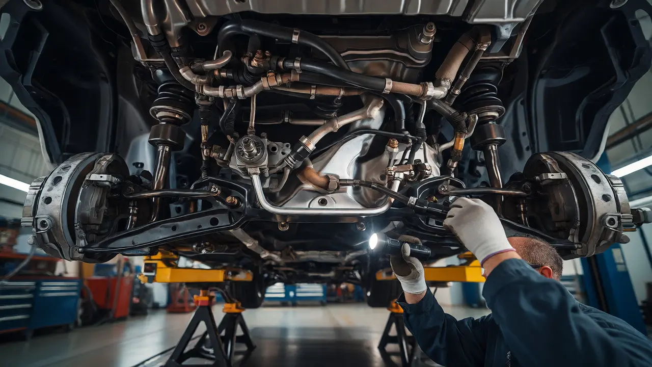 Mechanic inspecting high-pressure power steering lines on a car raised on jack stands.