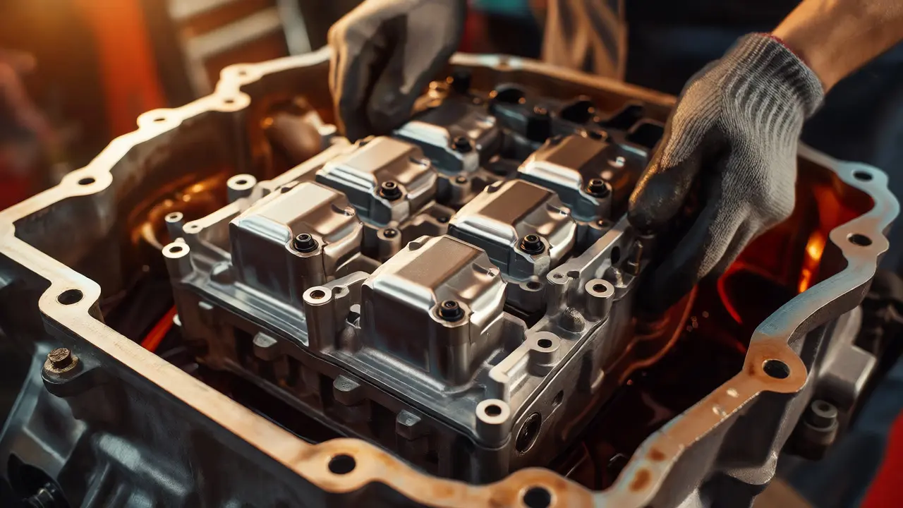 Mechanic installing a new valve body assembly into an automatic transmission casing.