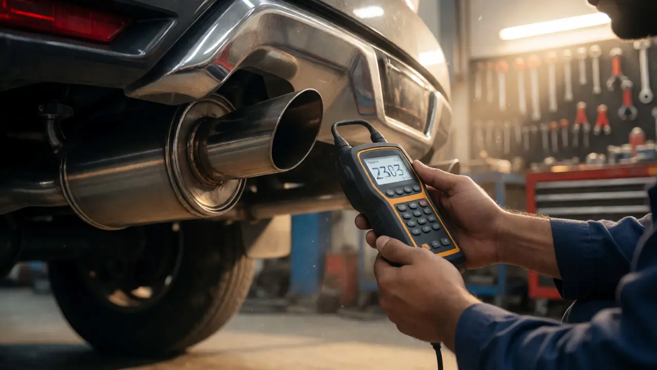 Mechanic measuring exhaust noise levels on a Nissan Patrol in a UAE workshop