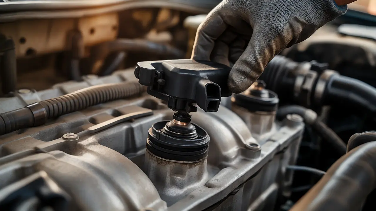 Mechanic removing a coil-on-plug ignition coil from an engine