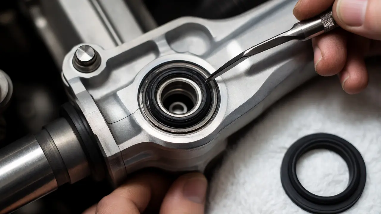 Mechanic removing an old seal from an aluminum steering rack housing with a pick tool.