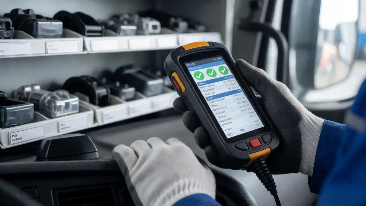Mechanic using a diagnostic scanner on a truck dashboard with organized parts in background.