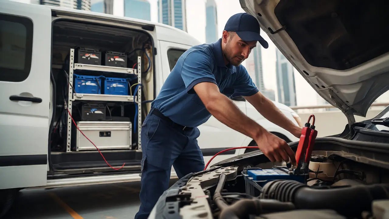 Mobile technician replacing car battery in Dubai parking lot