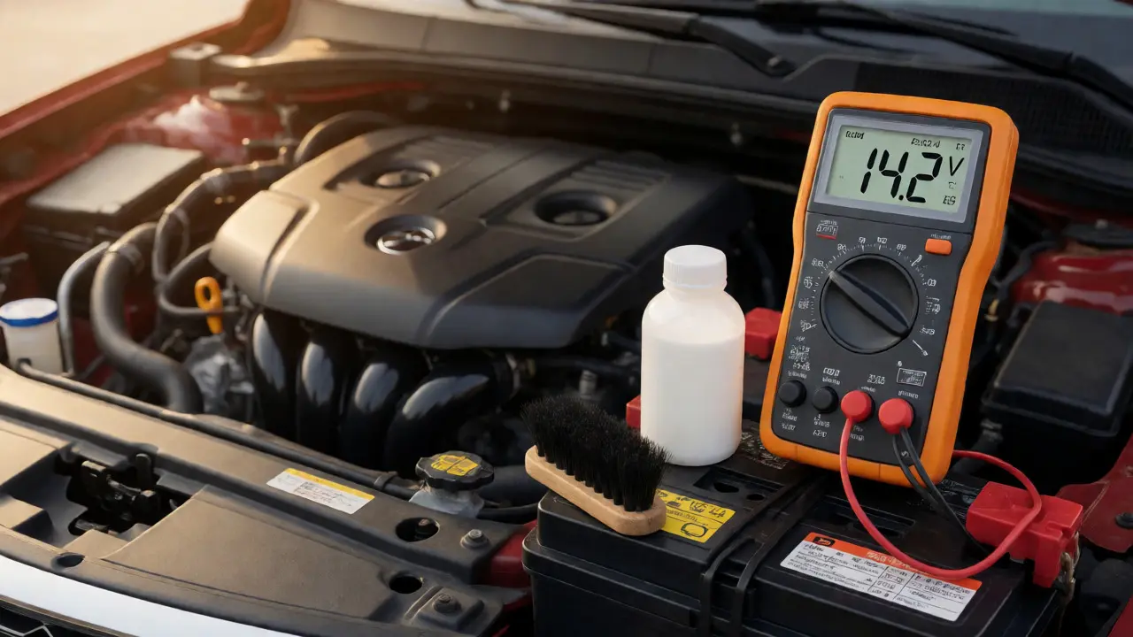 Multimeter displaying healthy charging voltage with maintenance tools nearby.