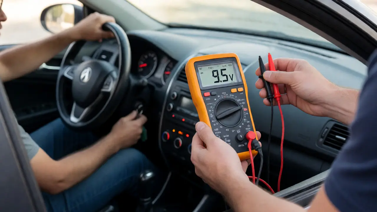 Multimeter measuring voltage drop during engine crank for load test.