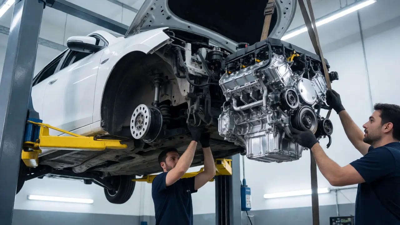 New crate engine being lifted into a car chassis