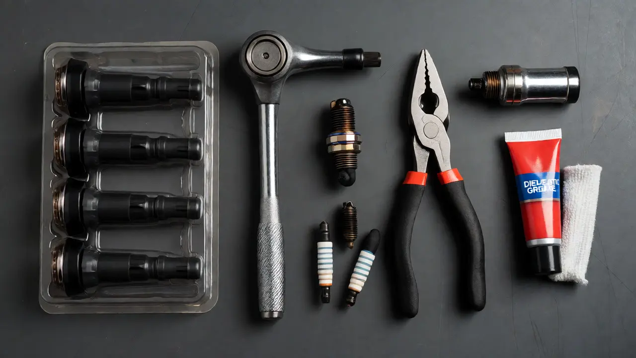 New ignition coils, tools, and spark plugs arranged on a workbench