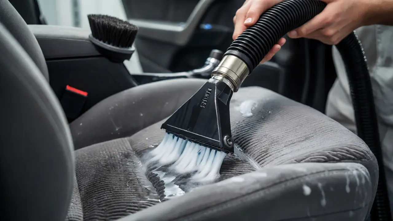 Professional extractor cleaning foam from gray fabric car seat