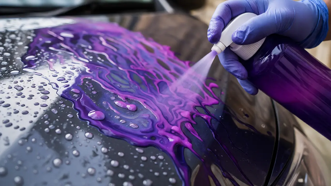 Purple iron remover reacting with contaminants on a car panel
