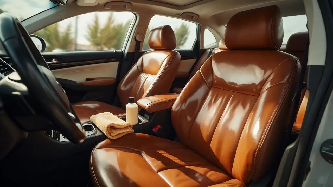Restored shiny leather car seat with conditioner bottle