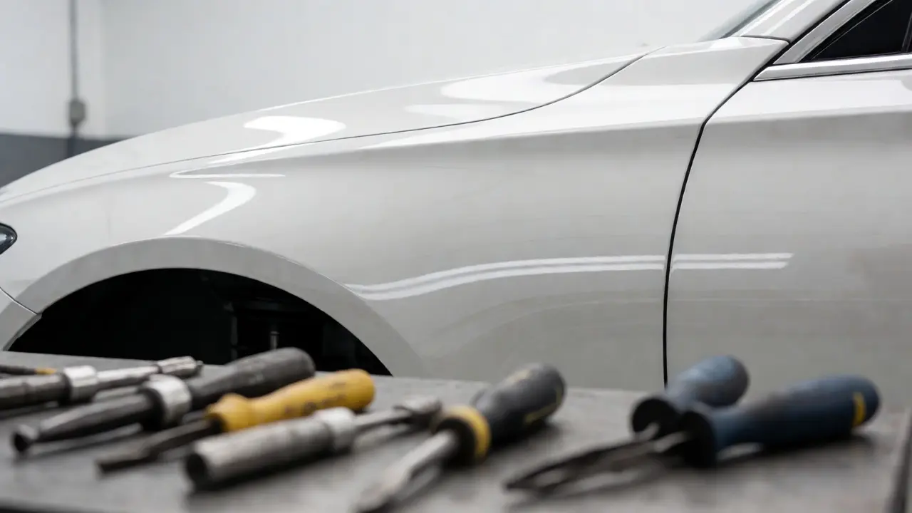 Smooth, repaired car panel reflecting light, showing preserved original paint.