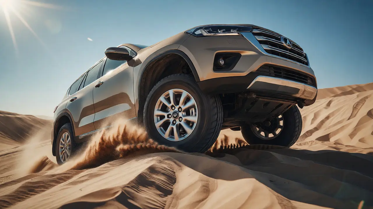 SUV climbing sandy dunes with aired-down tires for better traction