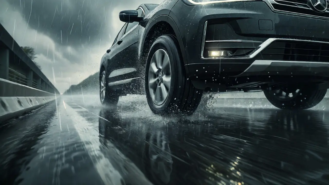 SUV driving through heavy rain with water spraying from tires