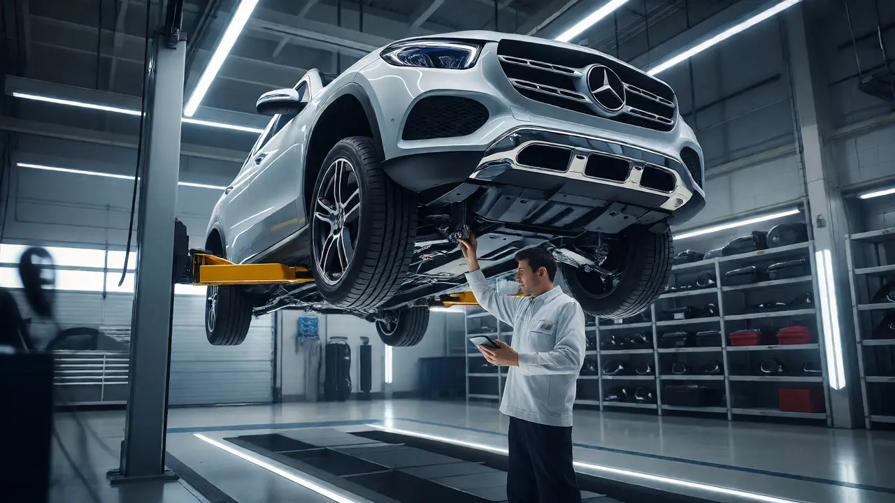 Technician inspecting a luxury SUV on a lift in a modern auto service center.