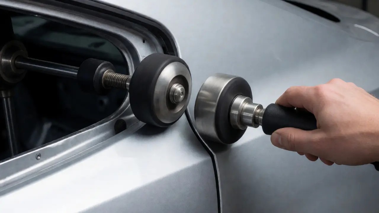 Technician using sandwich rollers to flatten a deep crease on a car panel.