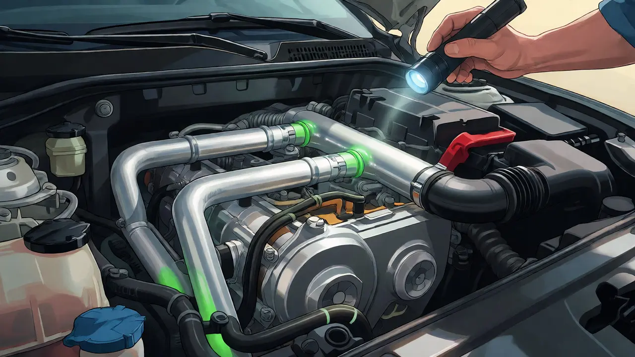 Technician using UV light to detect glowing green leaks in car AC lines