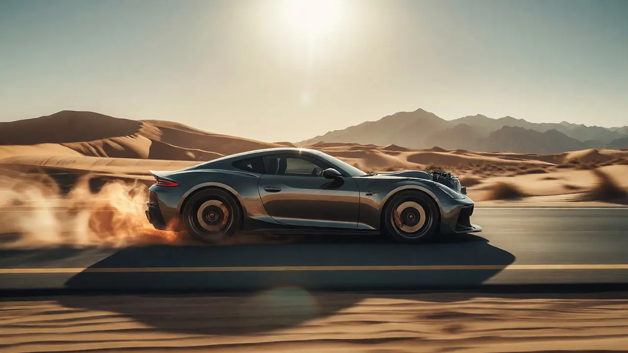 Turbocharged sports car speeding down a desert highway in the UAE