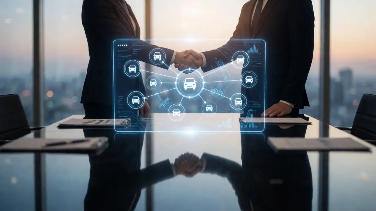 Two professionals shaking hands over a holographic fleet management interface.