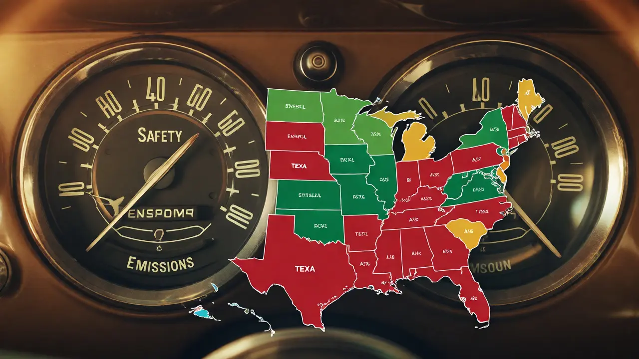 Vintage car gauges overlaid on a US map illustrating state inspection laws.