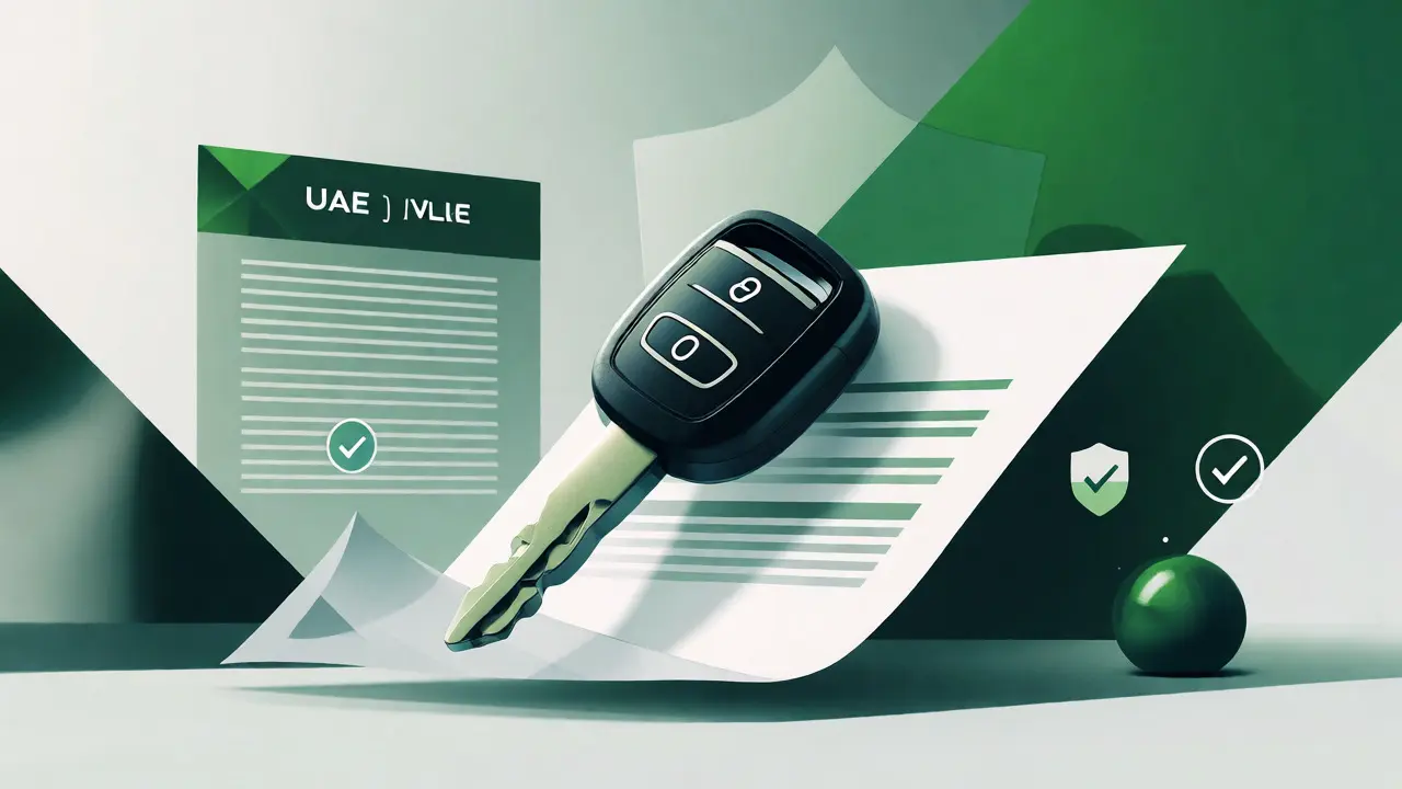 Abstract representation of mandatory UAE vehicle insurance linking keys to digital verification.