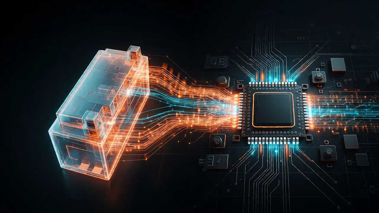 Abstract visualization of data flowing from a car battery to the engine control module.