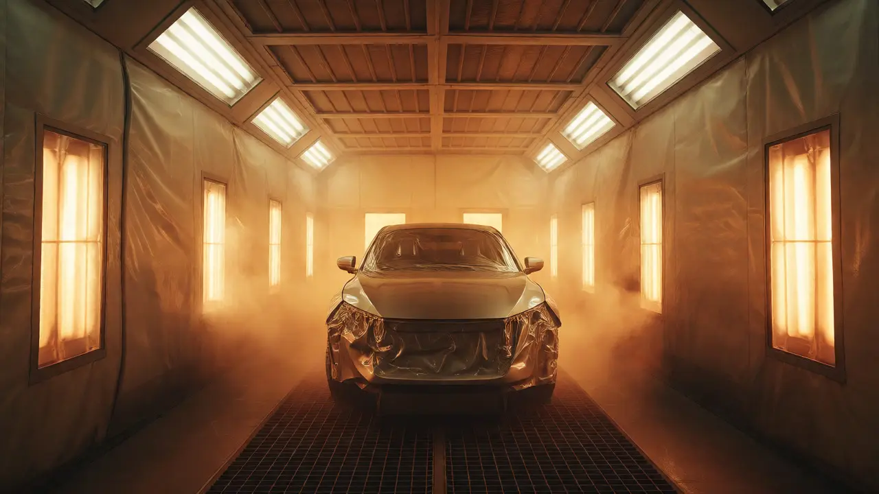Car inside a paint booth during the heated baking cycle for curing