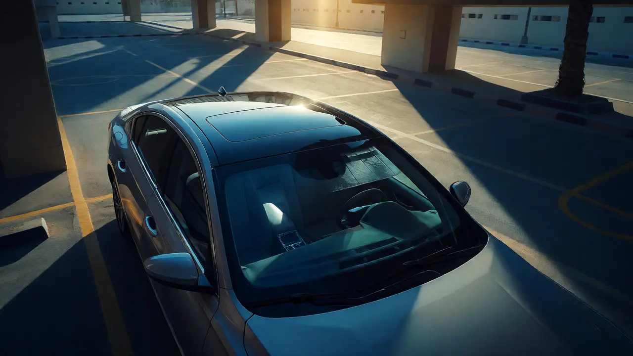 Car parked in shade with sunshade protecting cool interior