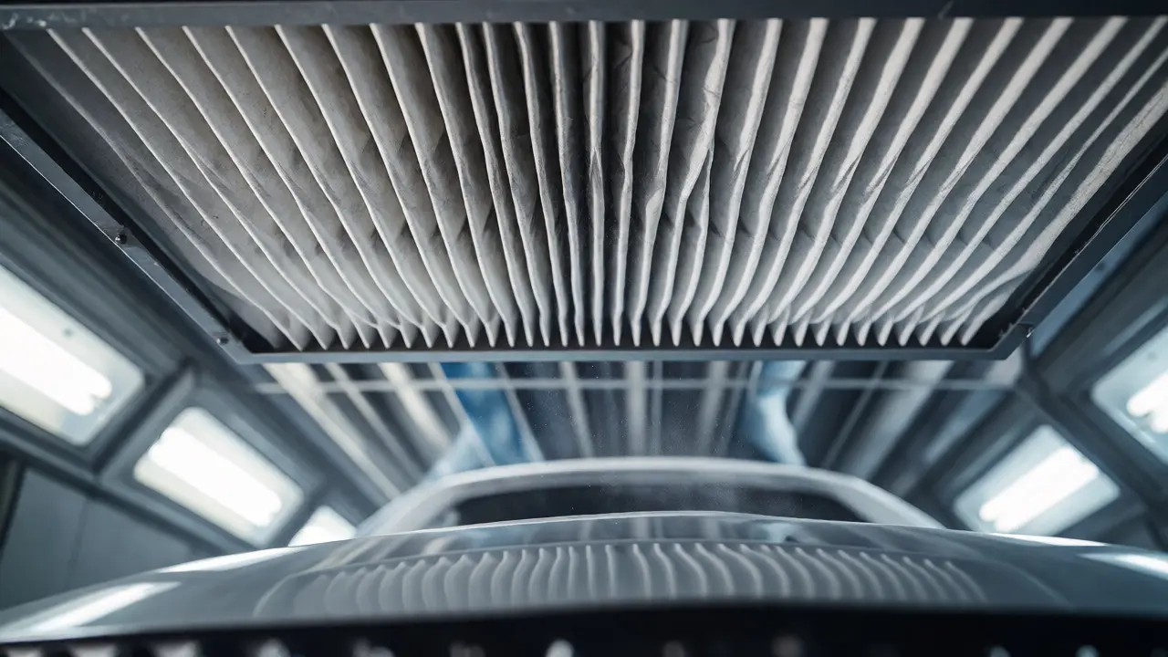 Close-up of ceiling filtration systems capturing dust in an auto paint booth