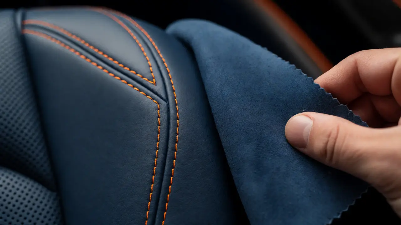 Close-up of navy leather car seat with bright orange contrast stitching and Alcantara swatch.