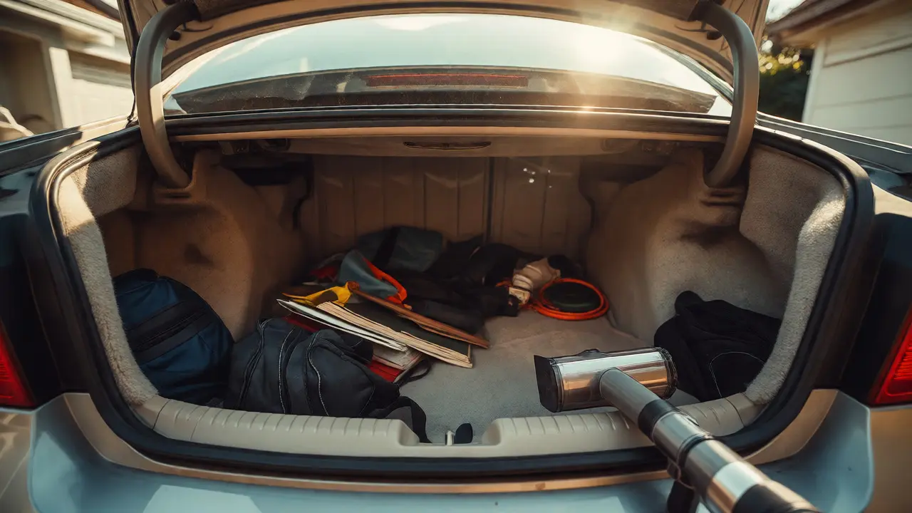 Cluttered car trunk interior with gym bags and a vacuum attachment
