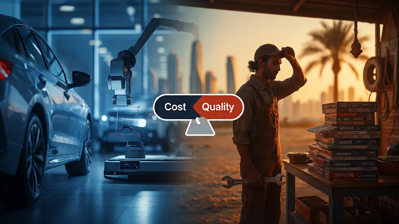 Conceptual split image comparing sterile dealer service vs. warm independent garage