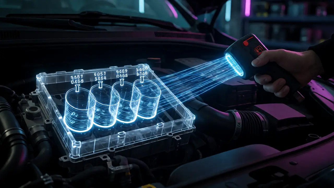 Conceptual view of data transferring from a scanner to a car ECU for injector coding.