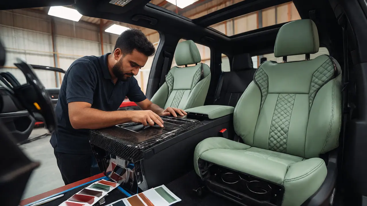 Craftsman applying vinyl wrap to carbon fiber trim in a professional auto upholstery workshop.