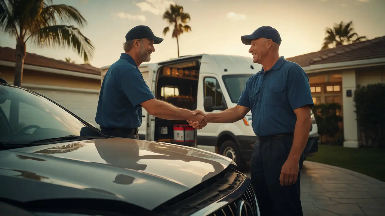 Customer and mechanic shaking hands after successful battery replacement.