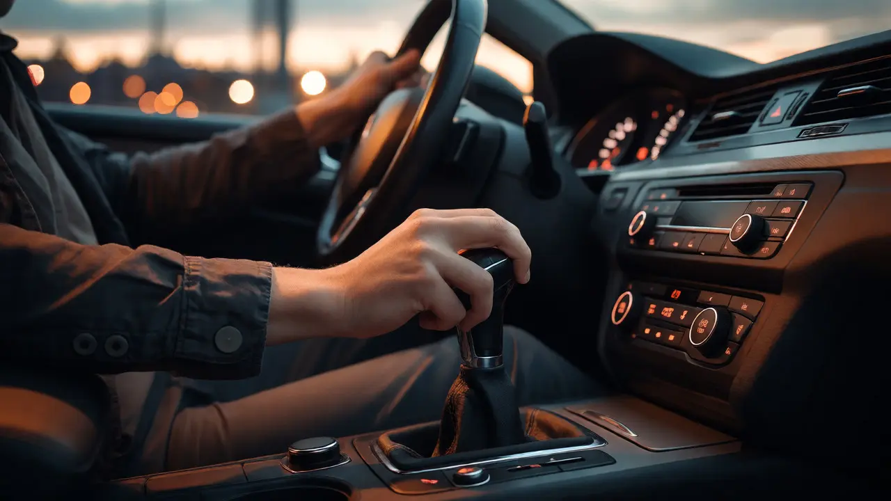Driver's hand gripping a manual gear shifter knob inside a car cabin during a drive.