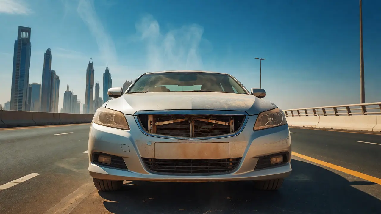 Dusty car on Dubai highway showing heat haze and condenser strain