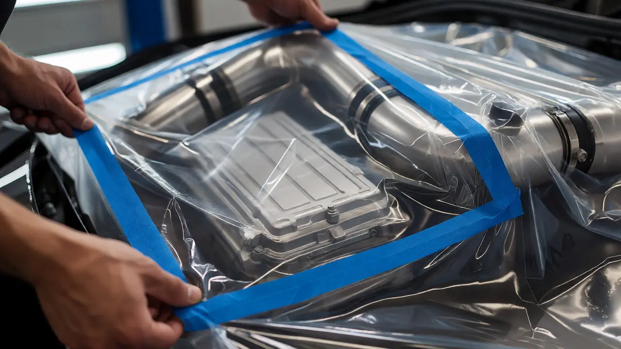 Hands securing plastic sheeting over engine parts with blue painter's tape