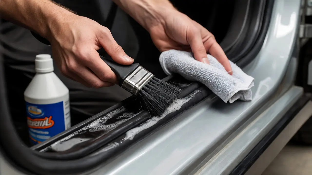 Hands using a brush and microfiber cloth to clean car door weatherstripping