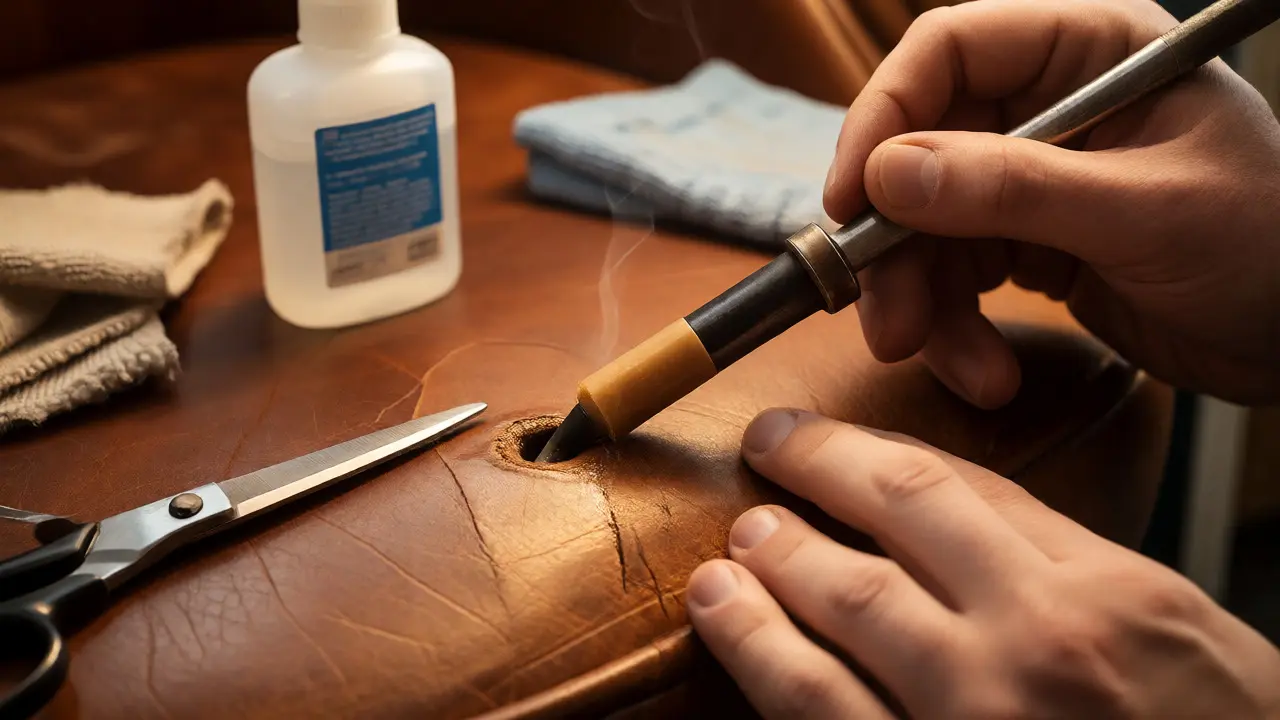 Hands using a heated tool to fill a leather seat burn with wax