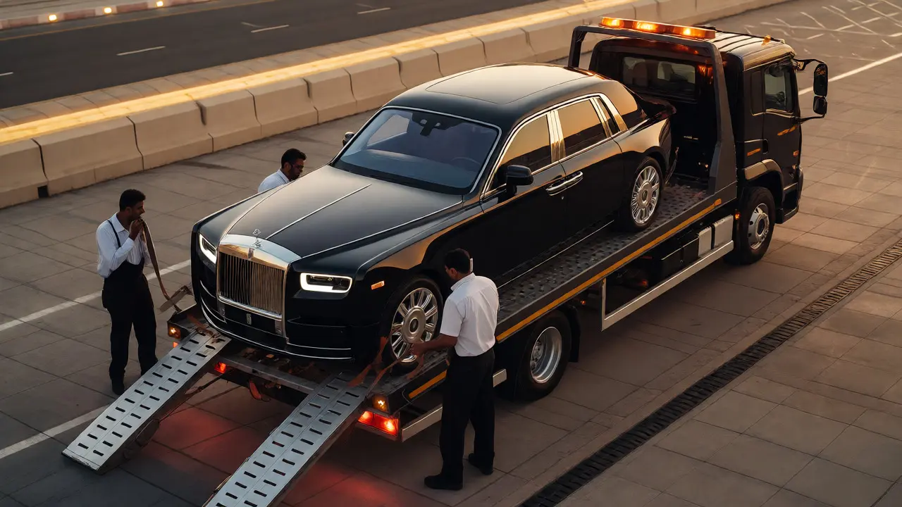 Luxury Rolls-Royce being loaded onto specialized hydraulic flatbed recovery truck