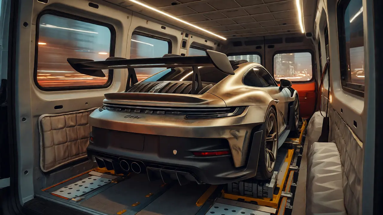 Matte Porsche secured inside enclosed climate-controlled car transporter van