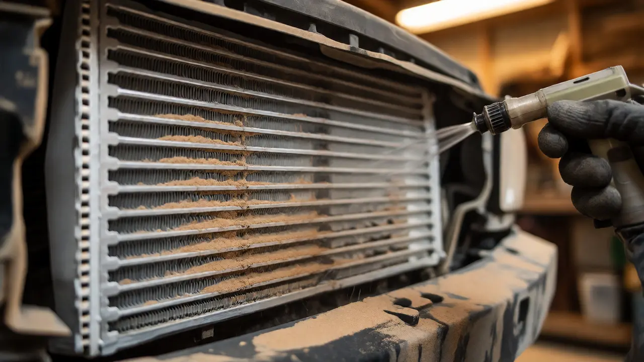Mechanic cleaning dust-clogged AC condenser fins with water