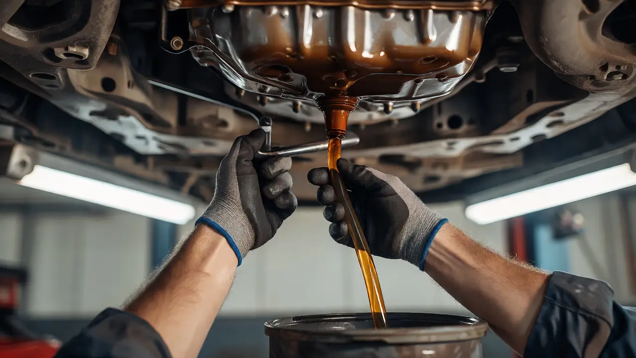 Mechanic draining old transmission fluid from a vehicle's undercarriage into a container.