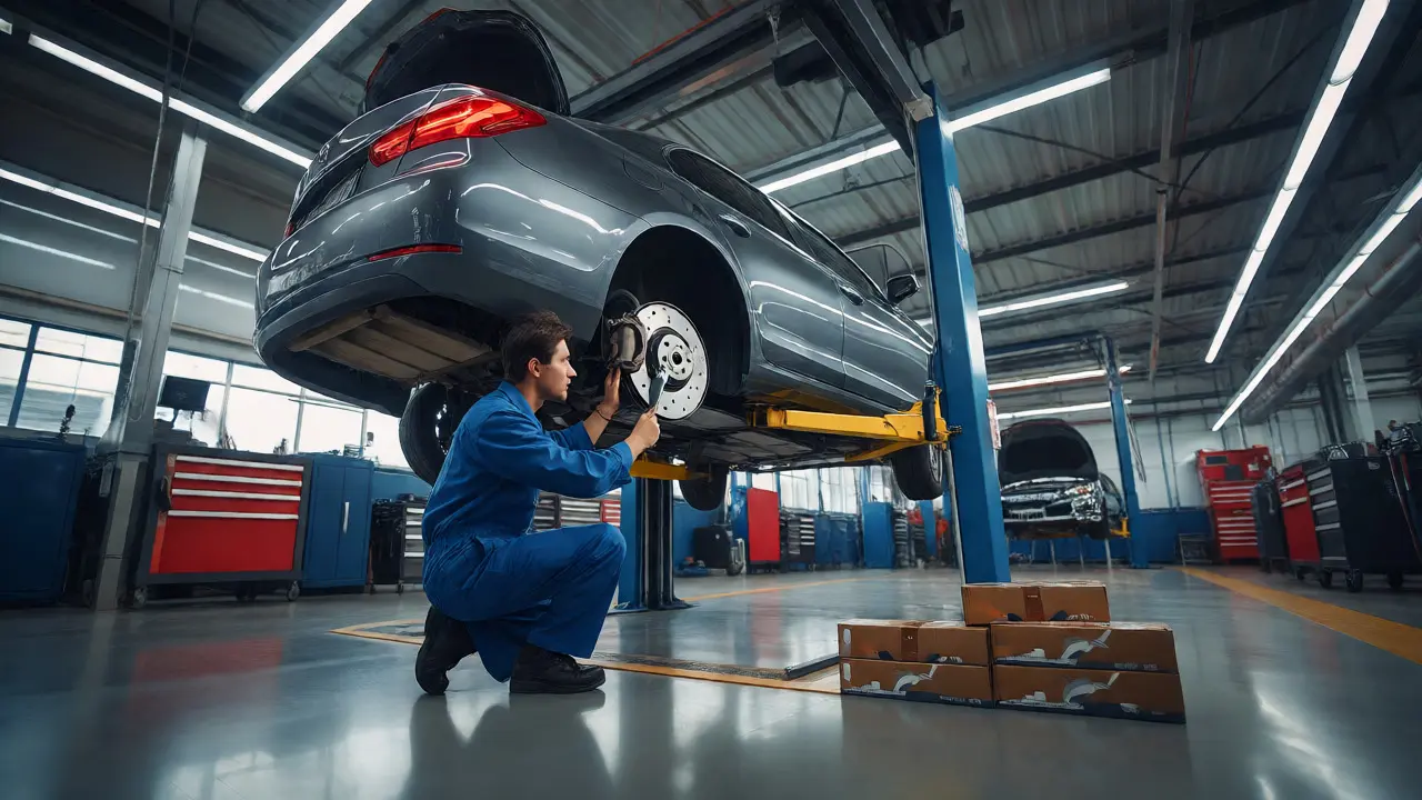 Mechanic inspecting rear brakes with a micrometer in a clean auto shop.