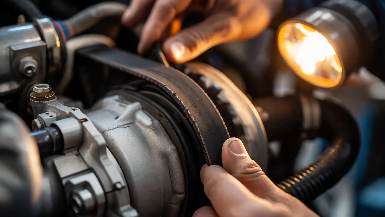Mechanic inspecting worn AC compressor drive belt in workshop