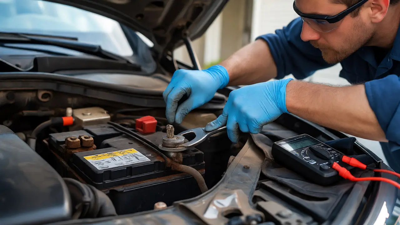 Mechanic safely disconnecting old car battery terminals under the hood.