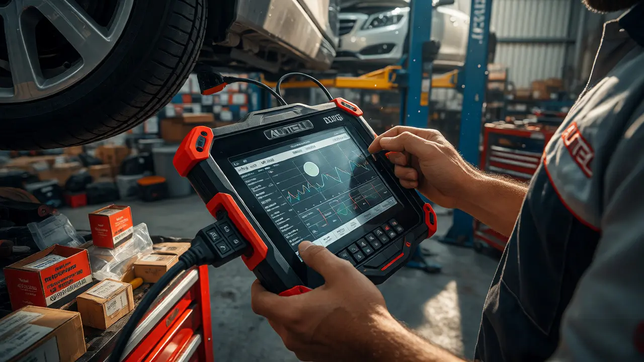 Mechanic using advanced diagnostic tablet on a car in an independent Dubai workshop